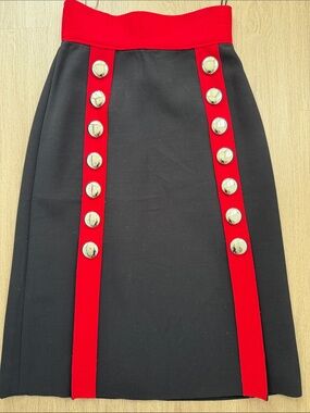 Dolce & Gabbana Black Red Stretch Wool Button Detail Midi Skirt IT 44